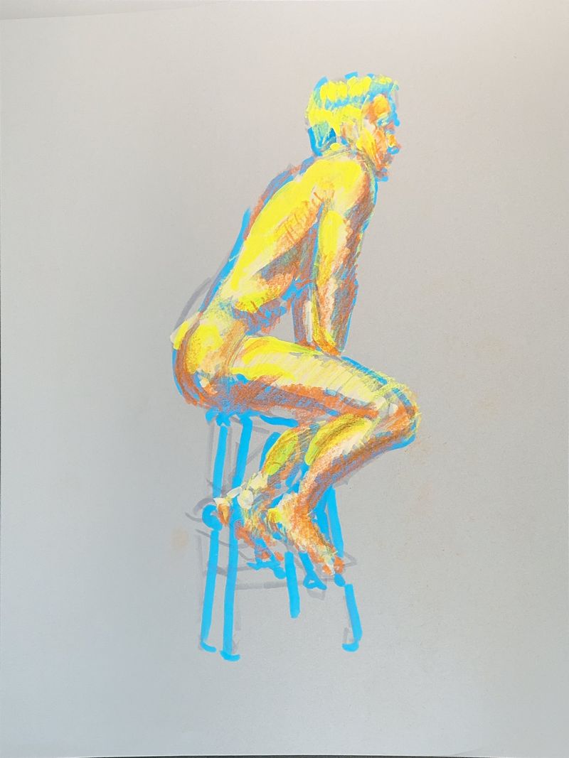Craig sits on a stool in a pastel pencil drawing on toned paper.