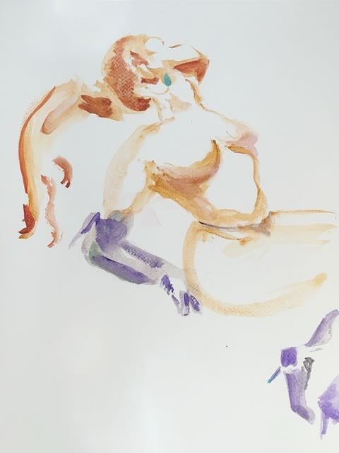 Alexa leaning back in gloves, drawn in watercolor marker.