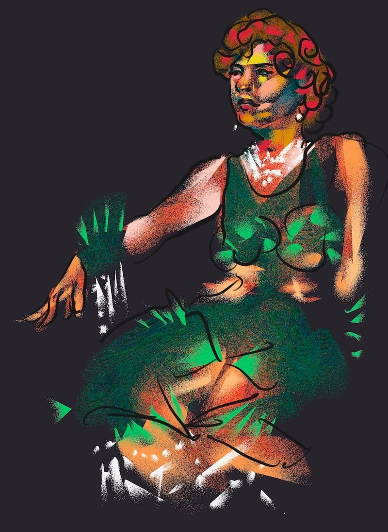 A digital HEAVYPAINT drawing of Kayleigh seated in a fish dress and curly wig.