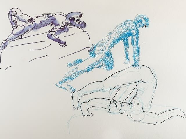 Five-minute warmup gesture drawings of Joshua in three poses.