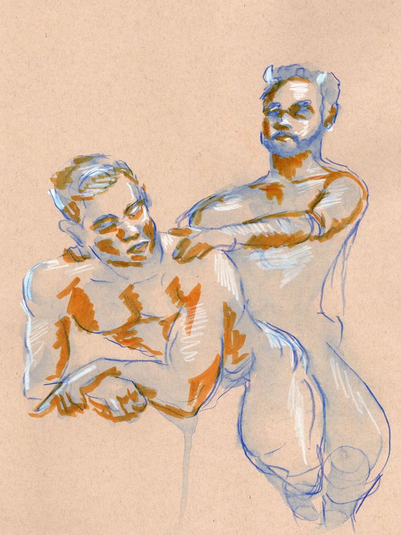A drawing of Sergey and Guilherme from an in-person life drawing session