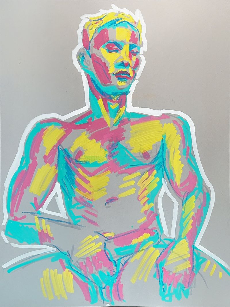 Craig is shown in profile gripping his crotch in this acrylic marker drawing on toned paper.