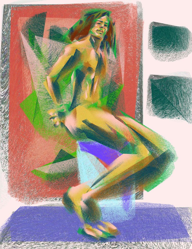 A digital HEAVYPAINT drawing of Joey sitting on a draped chair, created on iPad.