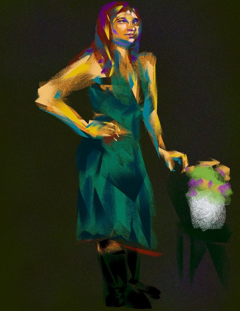 A digital HEAVYPAINT drawing of Cat Cohen standing and leaning on a chair with flowers around her.