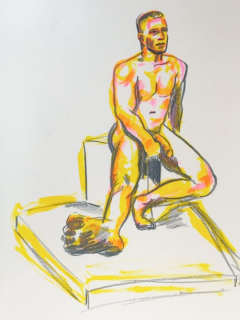 Dave seated, drawn with watercolor marker.
