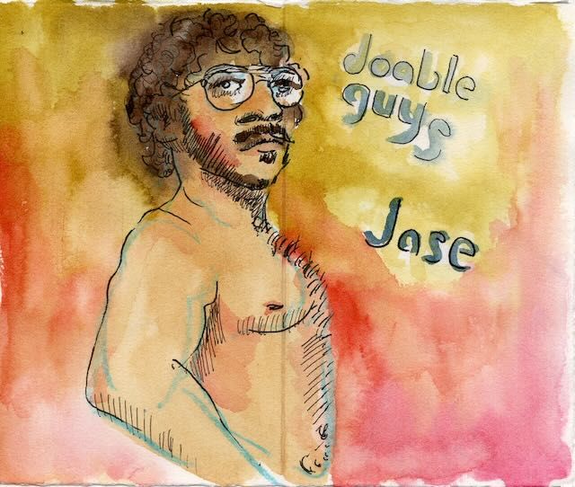 A watercolor and ink portrait of Jason wearing glasses.