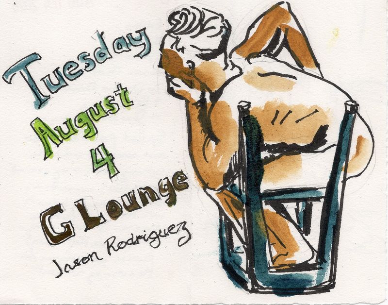 A journal watercolor drawing of a seated man on an upside-down chair.