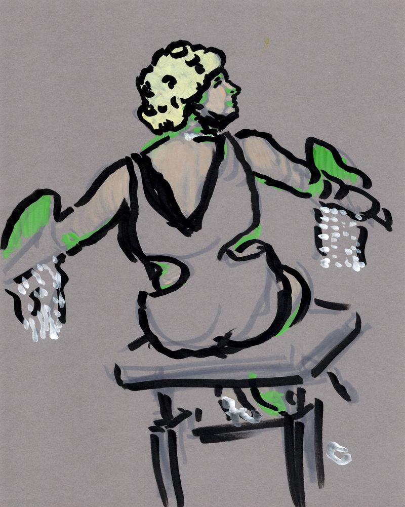 An acrylic marker drawing of Kayleigh viewed from behind in a bathing suit.