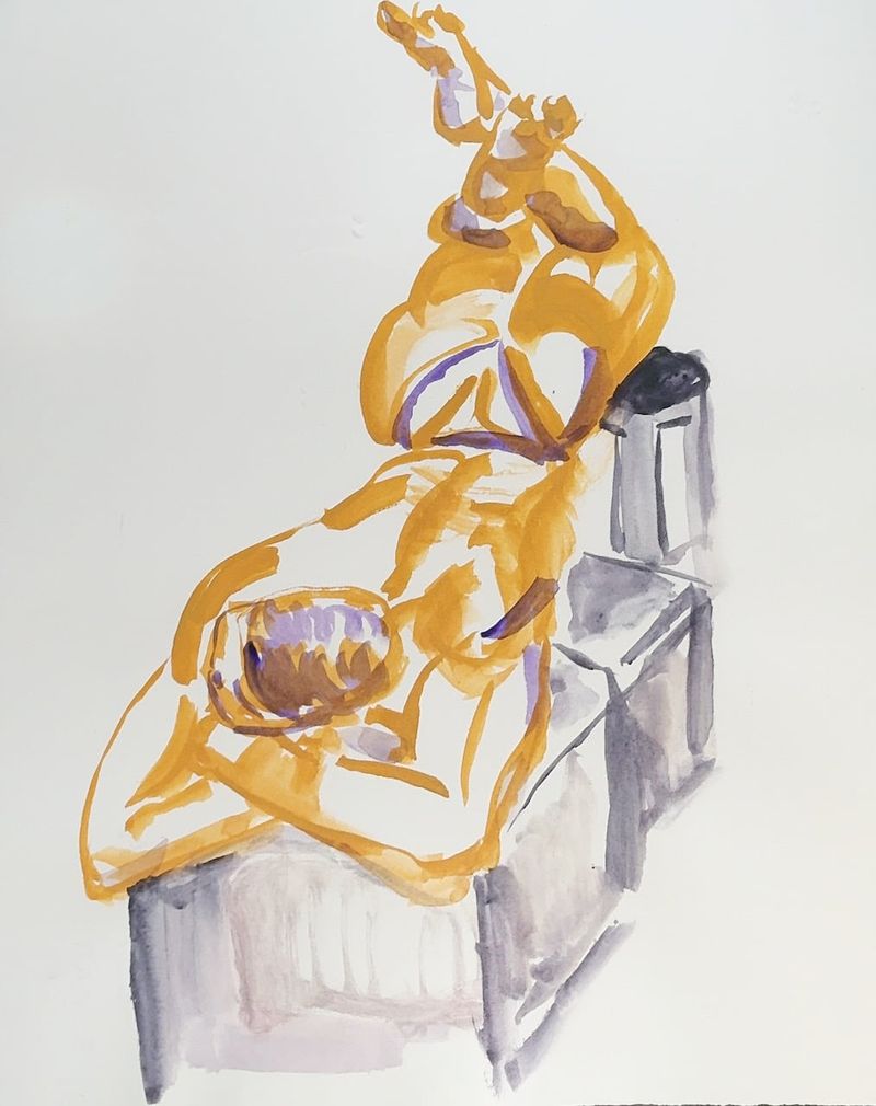A watercolor drawing on Bristol of a man lying across stacked cubes.