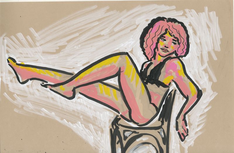 A seated acrylic marker drawing of Olivia on toned paper with one leg bent.
