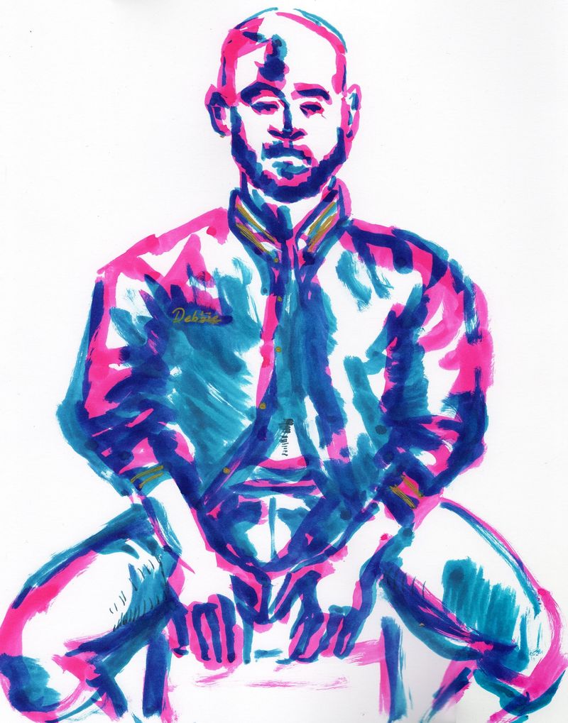 Watercolor marker portrait of Tyler in a jacket. 10 minute pose.